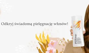 Odkryj świadomą pielęgnację włosów z PEHology. Dłoń trzyma butelkę szamponu na tle pięknych, brązowych włosów i abstrakcyjnych wzorów.