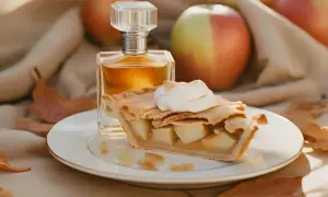 Perfumy o zapachu szarlotki, obok pysznego kawałka ciasta z bitą śmietaną i jabłek.
