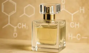 Elegancka butelka perfum na tle wzorów chemicznych, symbolizujących aldehydy w perfumach.