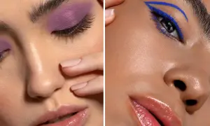 Fioletowe i niebieskie cienie do piwnych oczu. Błyszczące usta i perfekcyjna kreska eyelinerem.