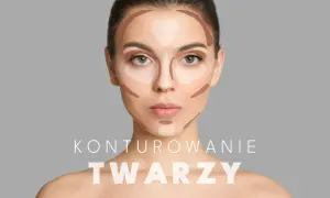 Modelka prezentuje techniki jak konturować twarz na sucho. Ciemne i jasne smugi podkreślają rysy.