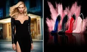 Karlie Kloss w czarnej sukni obok flakonów perfum Herrera w kształcie szpilek.