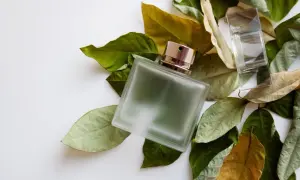 Szklana butelka perfum otoczona liśćmi, przywołująca zapach fougere.