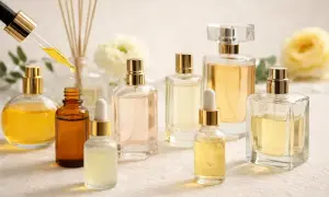 Różne rodzaje zapachów perfum w eleganckich buteleczkach, z pipetką dodającą kroplę esencji.