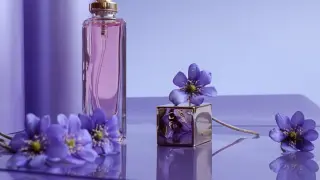 Fiołki otaczają flakon perfum, tworząc subtelny zapach fiołków. Złoty sześcian z kwiatem dodaje elegancji.