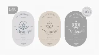 Trzy eleganckie etykiety produktów organicznych, każda z innym logo i nazwą (Beauty, Nature, Valera). Składnik perfum jest kluczowy dla tych naturalnych formuł.