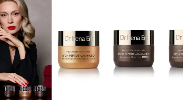 Elegancka kobieta prezentuje kosmetyki Dr Irena Eris z serii Rich Peptide Advanced.