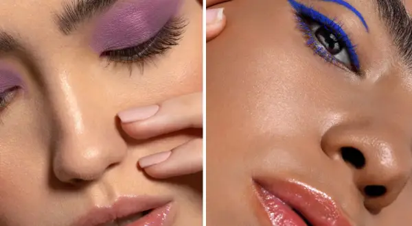 Fioletowe i niebieskie cienie do piwnych oczu. Błyszczące usta i perfekcyjna kreska eyelinerem.