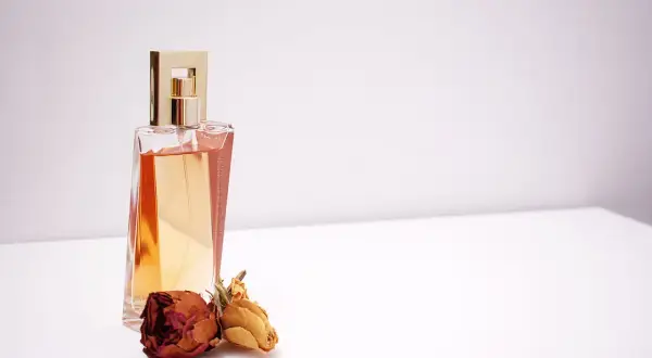 Elegancka butelka perfum z płynem w kolorze bursztynu, obok niej zasuszone róże. Wyobraź sobie, jak pozyskiwane jest piżmo, by stworzyć ten zapach.