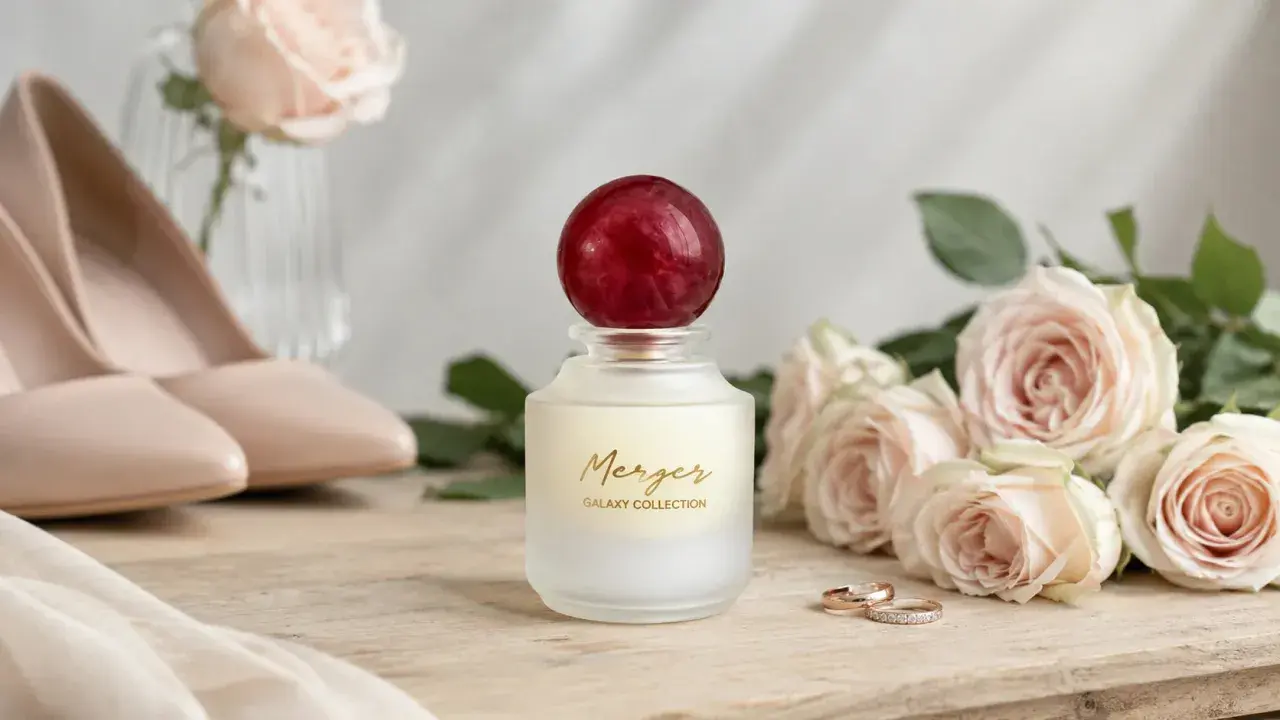 Perfumy z czerwonym korkiem, róże, buty i obrączki na drewnianym tle.