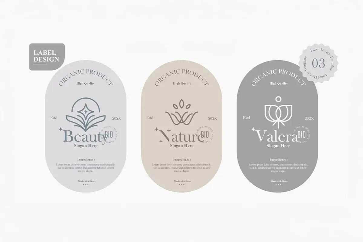 Trzy eleganckie etykiety produktów organicznych, każda z innym logo i nazwą (Beauty, Nature, Valera). Składnik perfum jest kluczowy dla tych naturalnych formuł.
