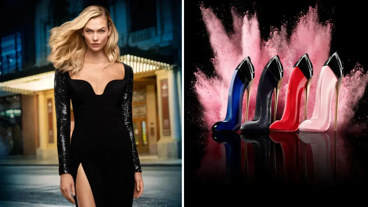 Karlie Kloss w czarnej sukni obok flakonów perfum Herrera w kształcie szpilek.