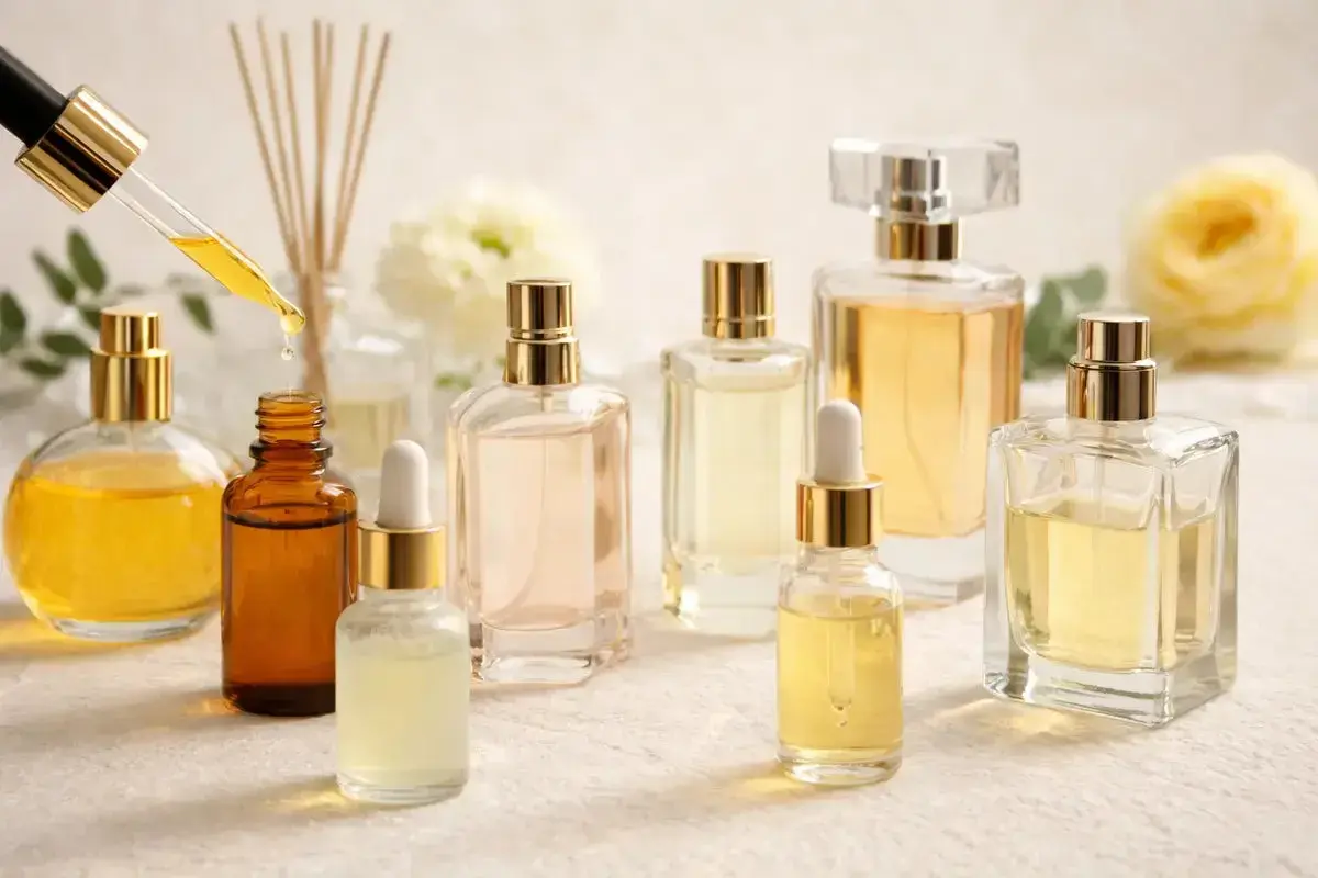 Różne rodzaje zapachów perfum w eleganckich buteleczkach, z pipetką dodającą kroplę esencji.
