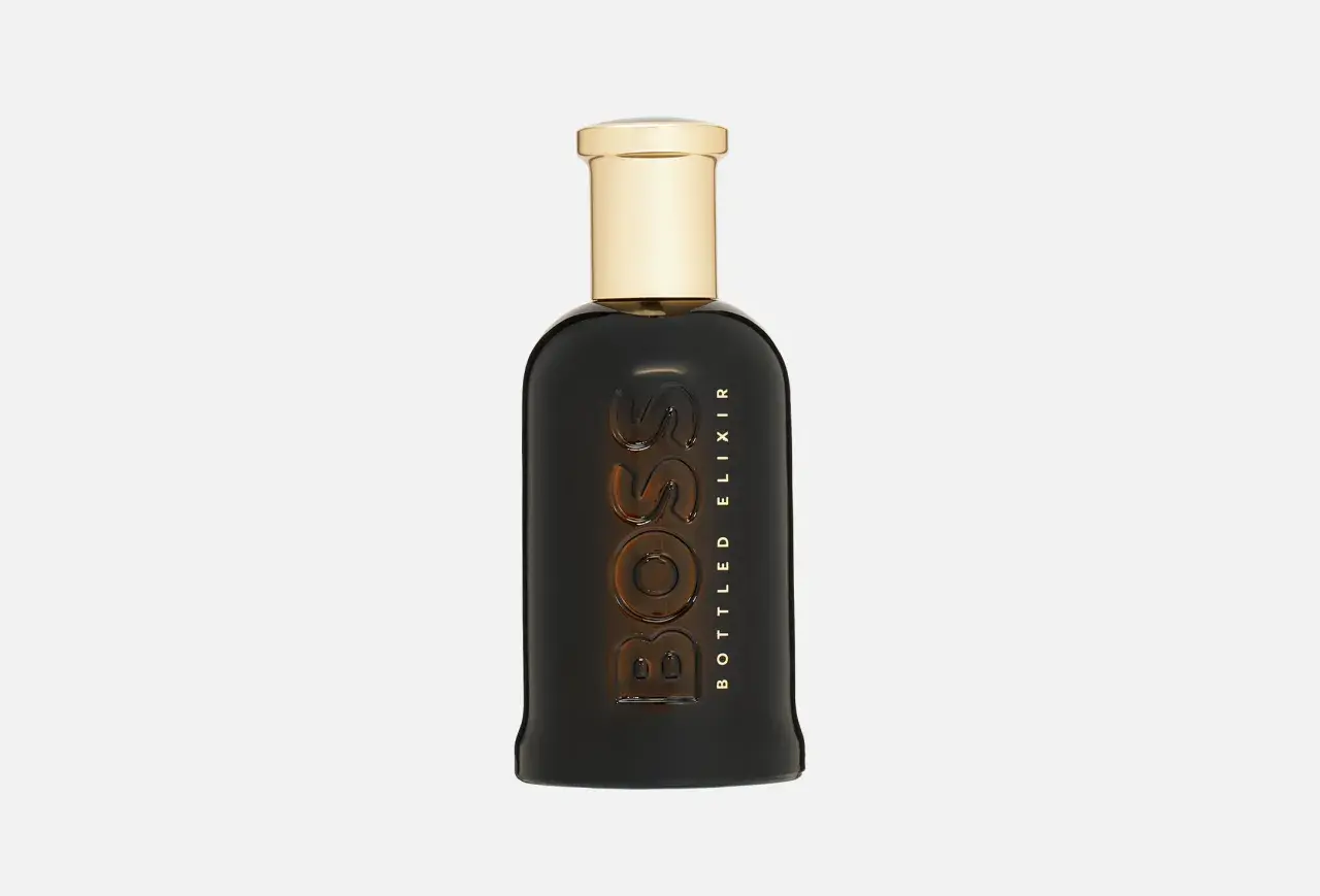 Flakon perfum Hugo Boss Bottled Elixir, ciemnobrązowy, ze złotą nakrętką.