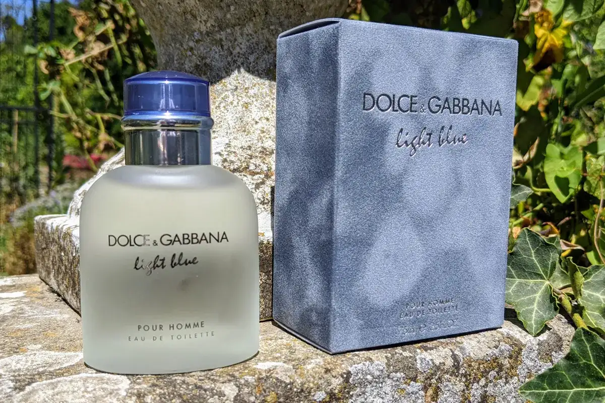 Perfumy Dolce & Gabbana Light Blue Pour Homme, w szklanej butelce i niebieskim pudełku, na kamiennym murku wśród zieleni.