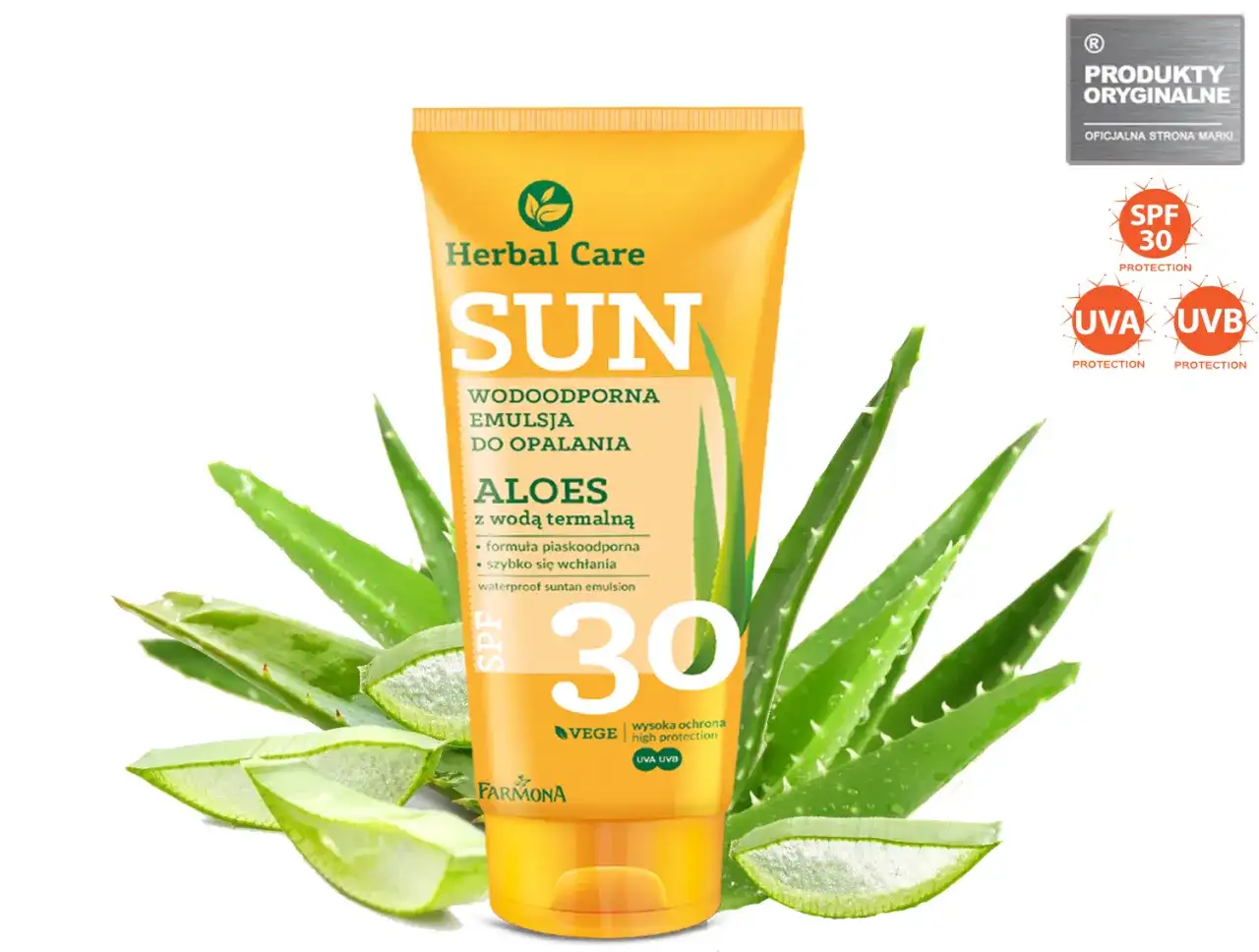 Wodoodporna emulsja do opalania Herbal Care SUN z aloesem i wodą termalną, SPF 30. Idealny wybór, jeśli zastanawiasz się, jaki krem do opalania wybrać na plażę.
