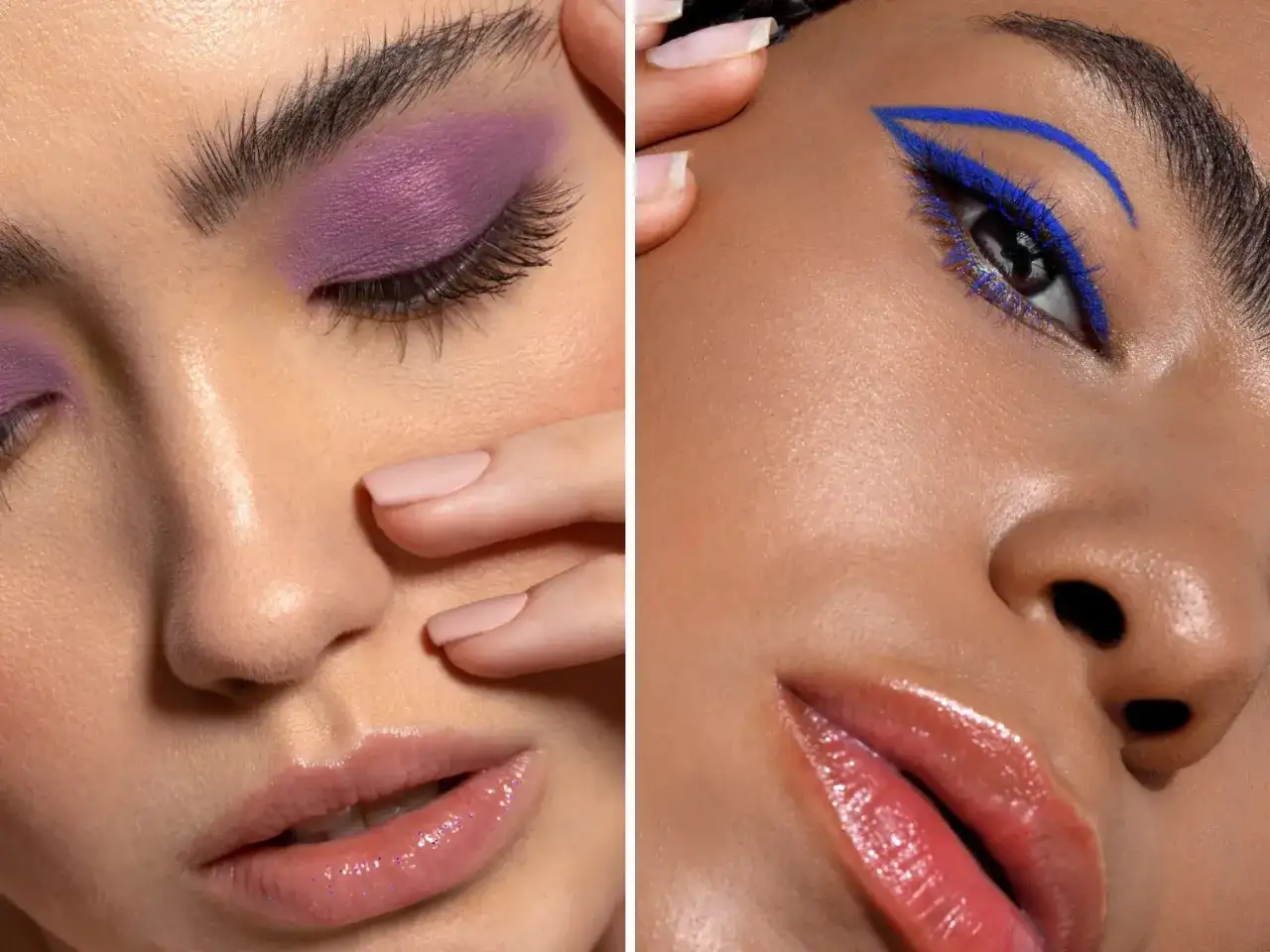 Fioletowe i niebieskie cienie do piwnych oczu. Błyszczące usta i perfekcyjna kreska eyelinerem.