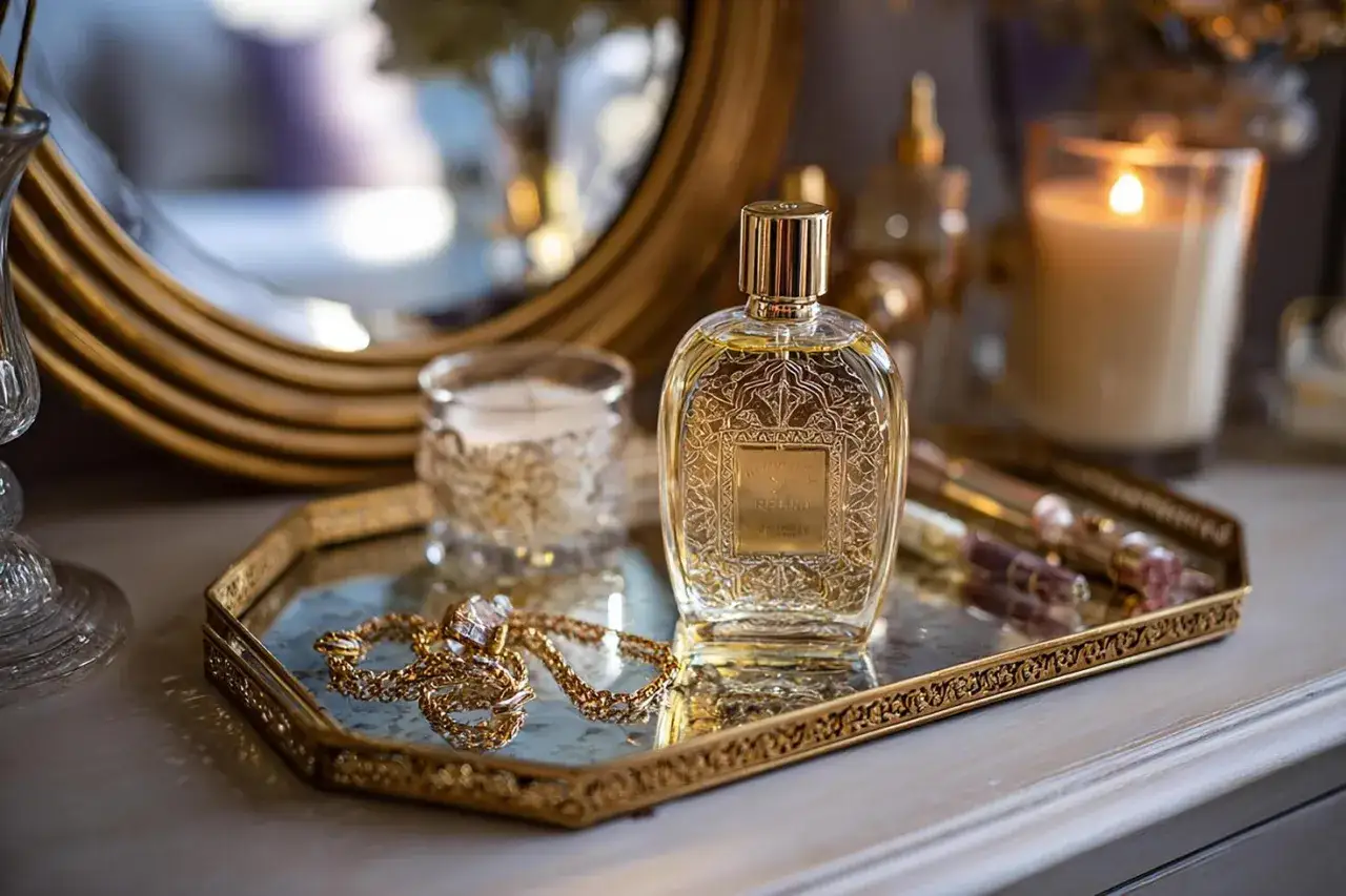 Złota biżuteria, świeca i flakonik perfum - kompozycja sugerująca najseksowniejsze perfumy damskie według mężczyzn.