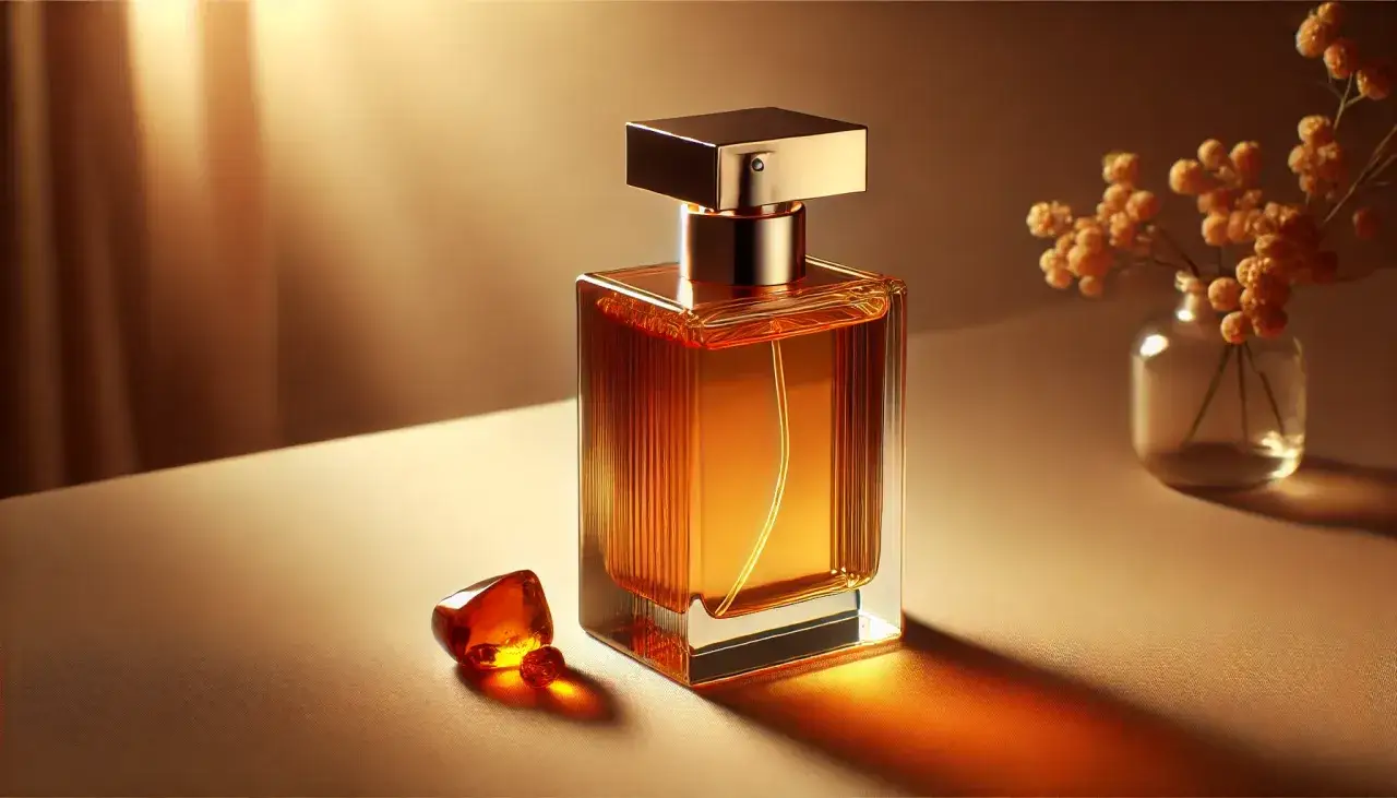 Elegancka butelka perfum o bursztynowym kolorze, obok kawałki żywicy. Zapach ambrowy unosi się w ciepłym świetle.