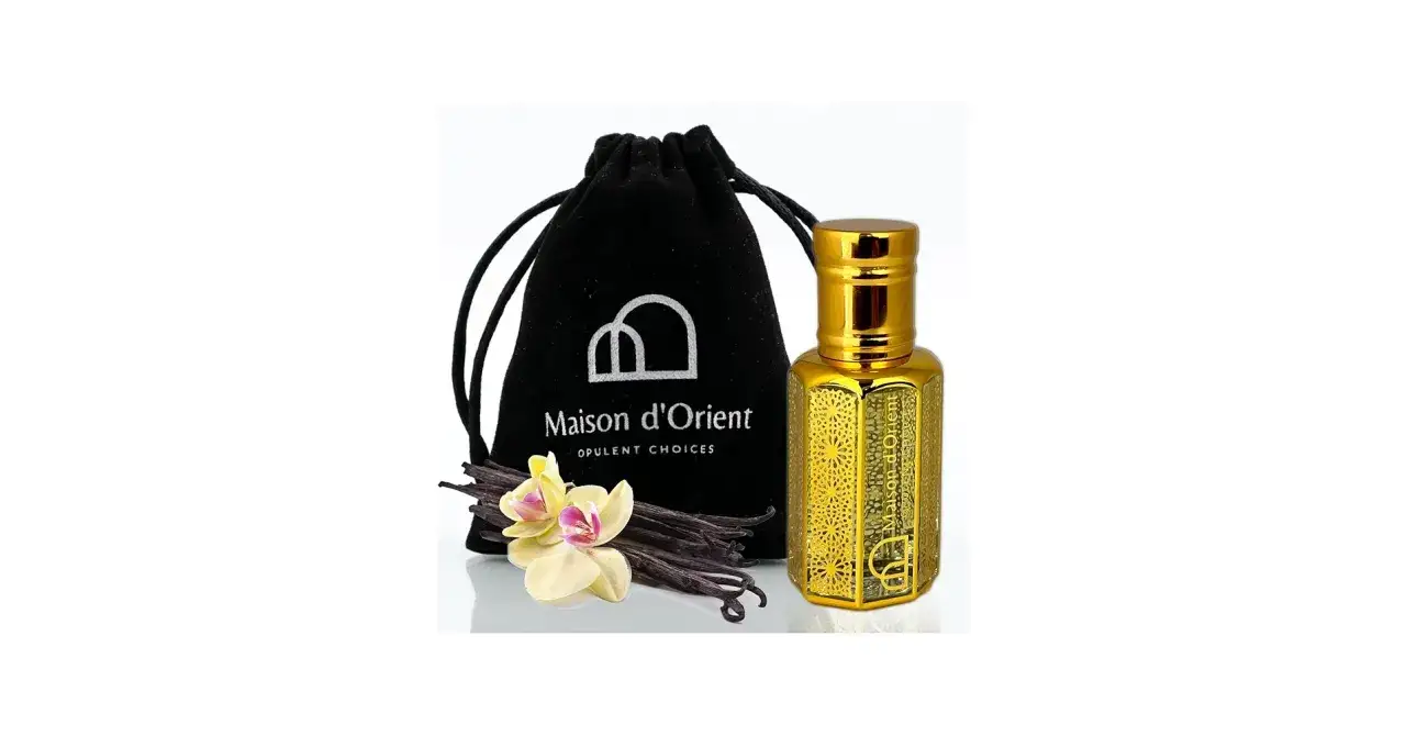 Złota buteleczka perfum Maison d'Orient z wanilią i kwiatami. Ten zapach orientalny przeniesie Cię w świat luksusu.