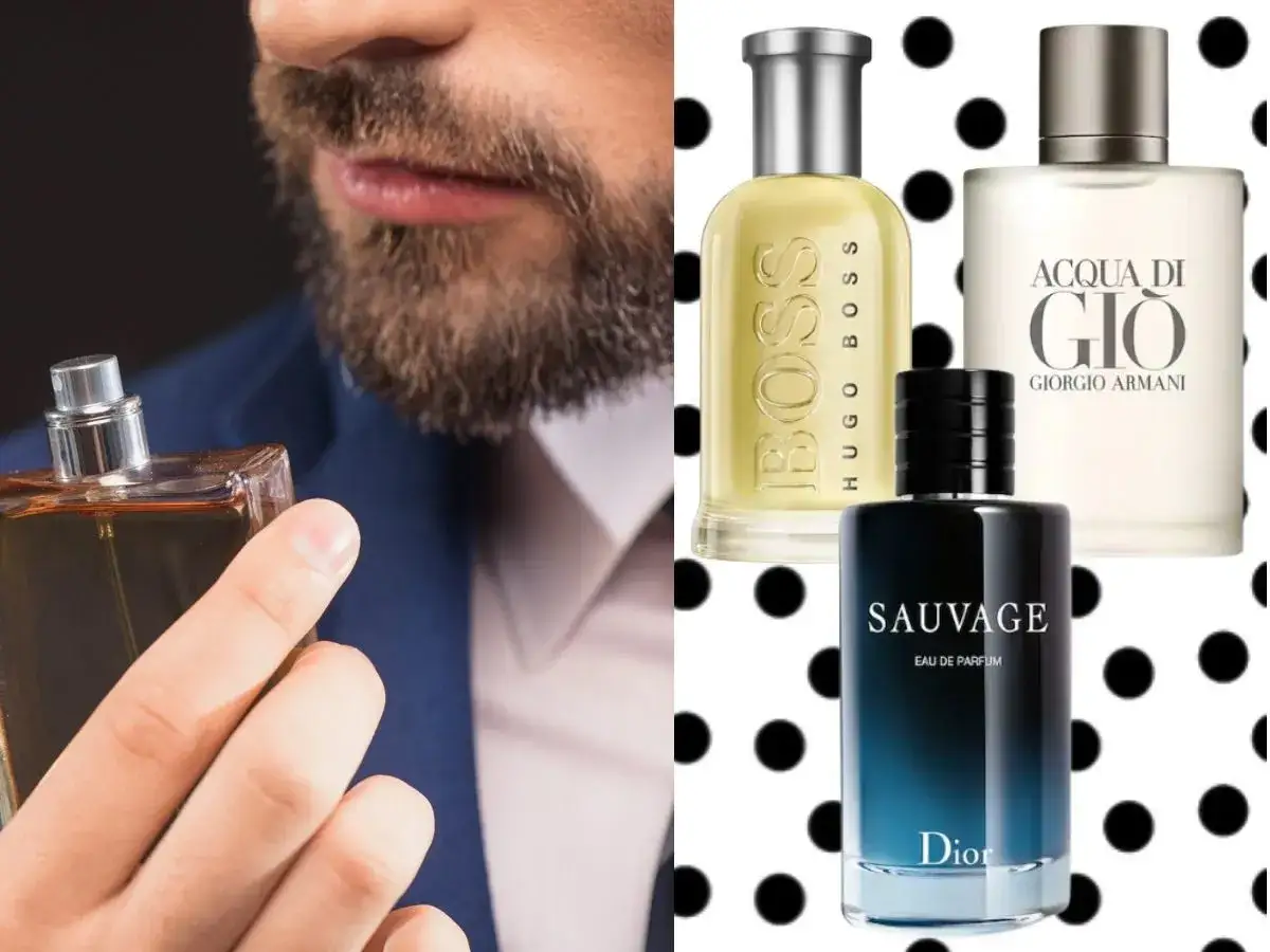 Mężczyzna wącha perfumy. Obok flakoniki Dior Sauvage, Hugo Boss i Acqua di Gio – szukasz odpowiednika FM 52?