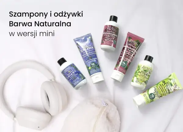 Mini kosmetyki Barwa Naturalna idealne na podróż, jak kosmetyki na lotnisku. Zestaw zawiera szampony i odżywki w małych opakowaniach.
