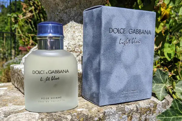 Perfumy Dolce & Gabbana Light Blue Pour Homme, w szklanej butelce i niebieskim pudełku, na kamiennym murku wśród zieleni.