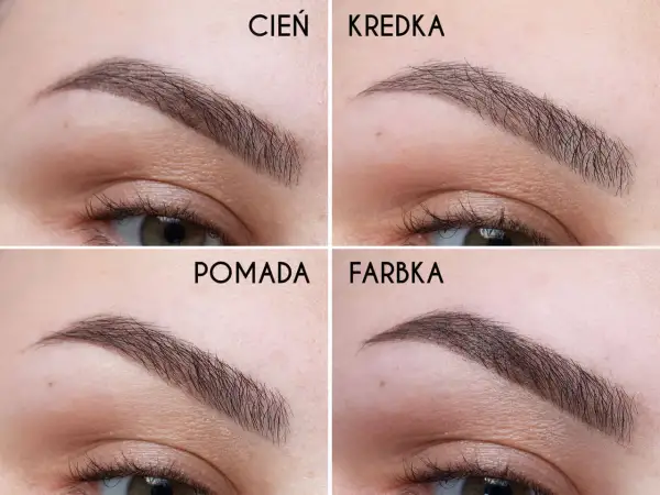 Porównanie: czym malować brwi – cień, kredka, pomada, farbka. Efekty na czterech zbliżeniach.