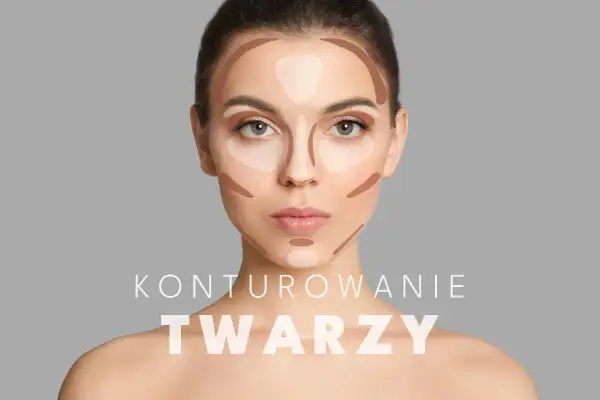 Modelka prezentuje techniki jak konturować twarz na sucho. Ciemne i jasne smugi podkreślają rysy.
