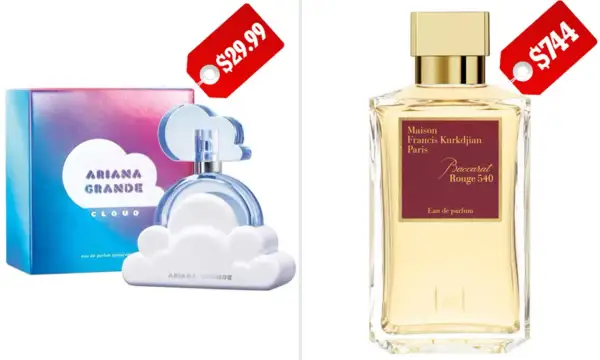 Ariana Grande Cloud za 29,99$ i jego droższy zamiennik Baccarat Rouge 540 za 744$.