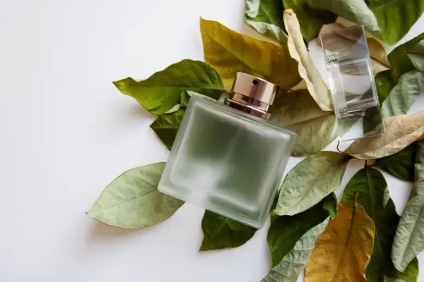 Szklana butelka perfum otoczona liśćmi, przywołująca zapach fougere.